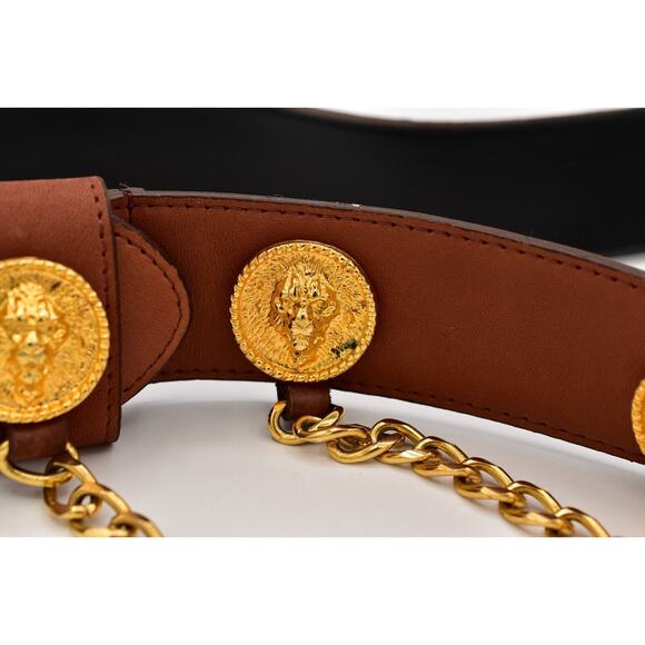 New York Studio Vintage L Leather Belt Buckle Gold Lion Coin Chain Brown 1980s main image 4